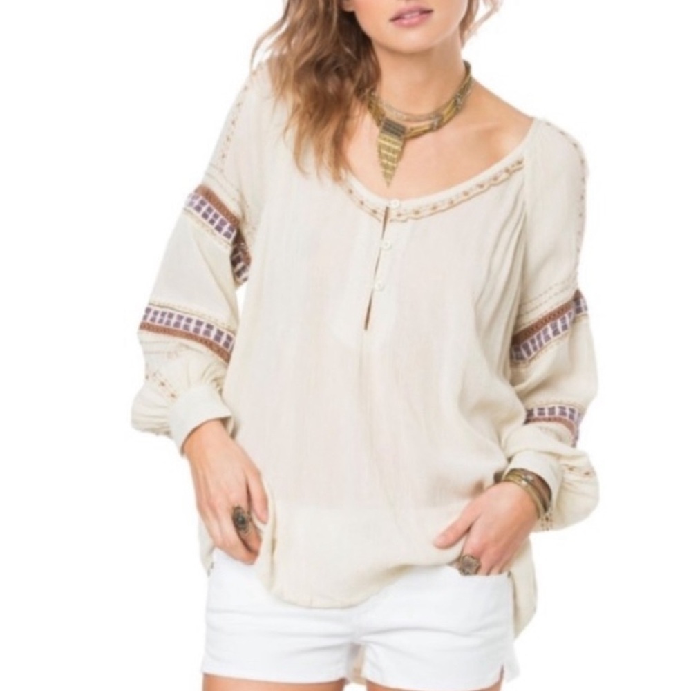 O’Neill Cream Embroidered Beaded Boho Blouse